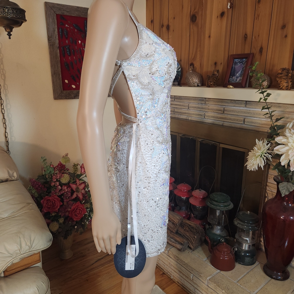 Sequin Embellished White Mini Dress with Spaghetti Straps - Picture 2 of 15